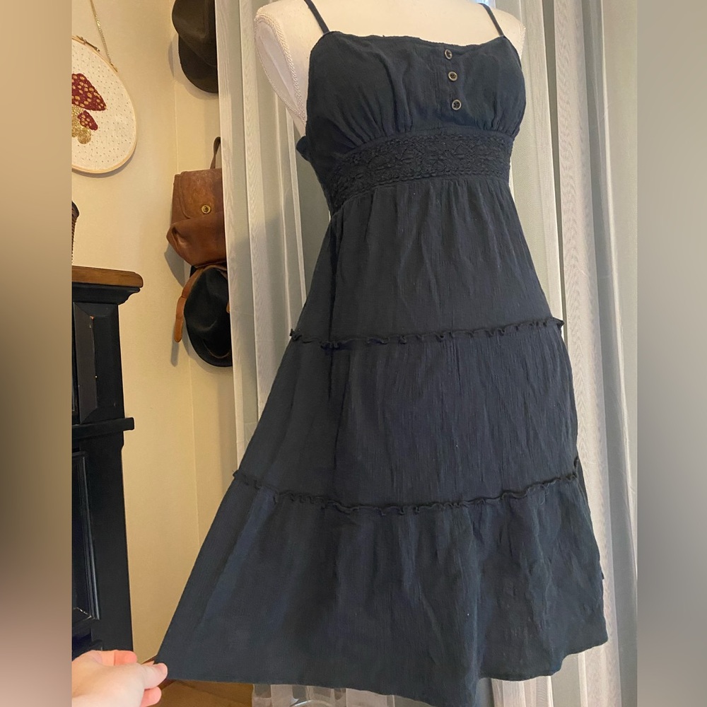 Vintage y2k 2000s black crochet cotton tiered midi dress